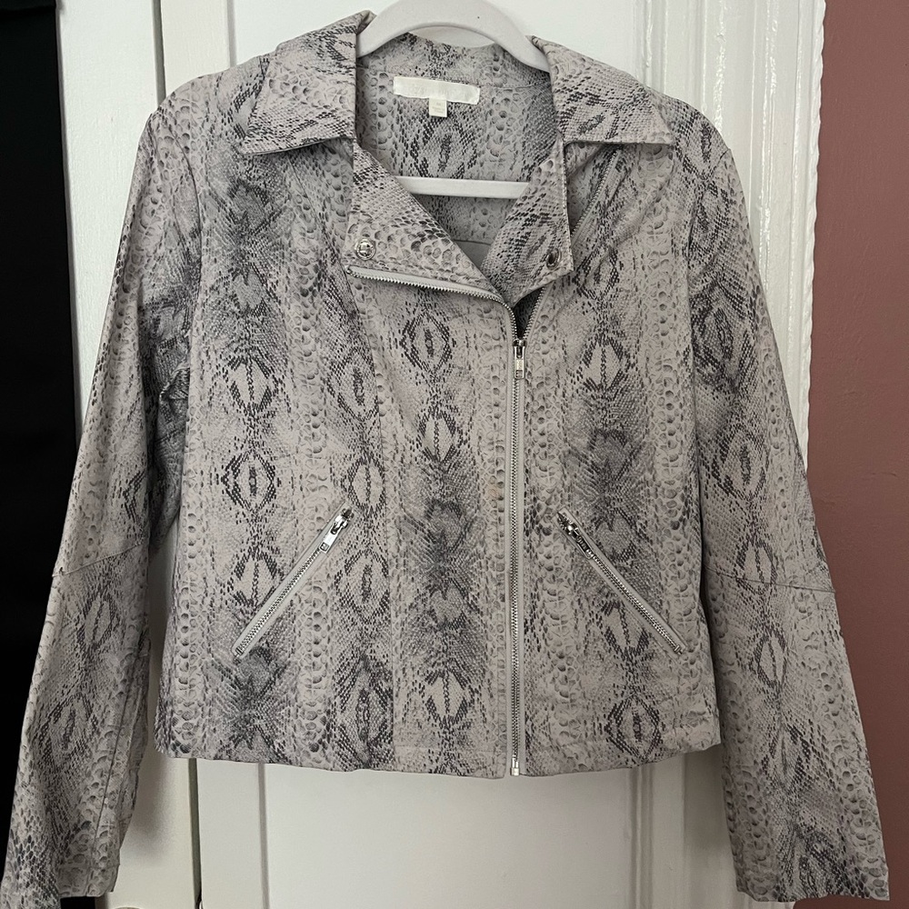 Gray and white snake print moto jacket